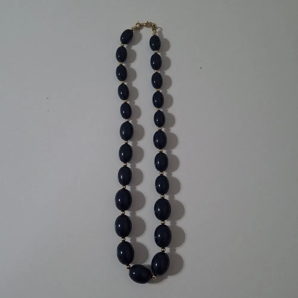 Monet Gold Tone Acrylic Graduated Navy Blue Round Olive Beaded Necklace